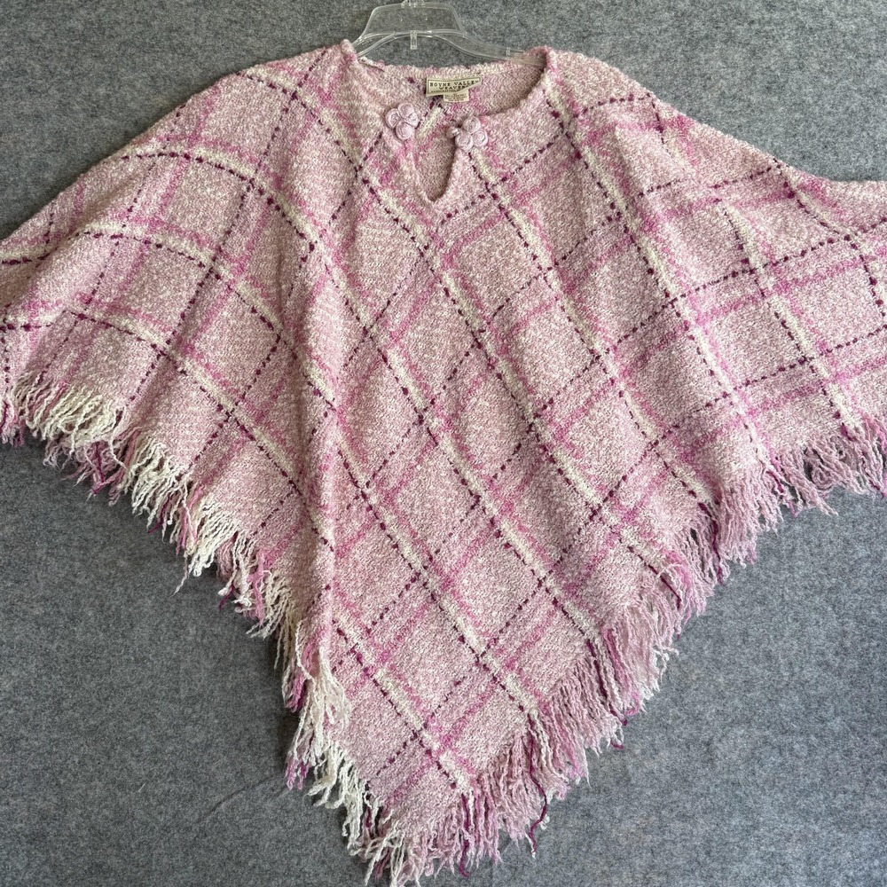 Boyne Valley Weavers Poncho Womens One Size Pink Plaid Wool Fringe Ireland